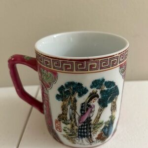 Vintage Asian-hand painted Mug with Pink Handle